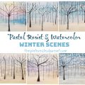 Pastel resist and watercolor painted winter scene - pretty and easy winter and Christmas art project for kids
