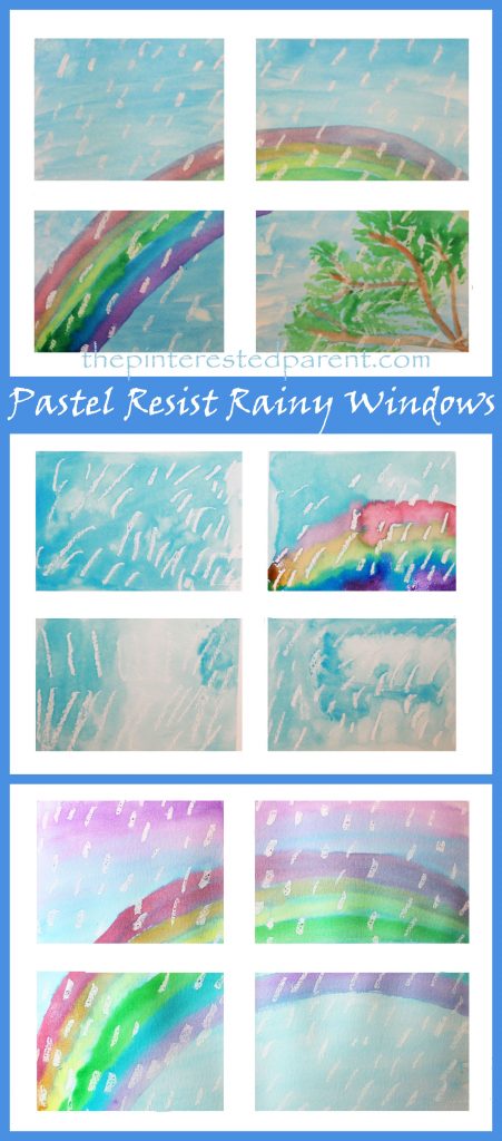 Pastel resist Rainy Windows watercolors painting - easy spring & rainbows arts and crafts projects for kids.