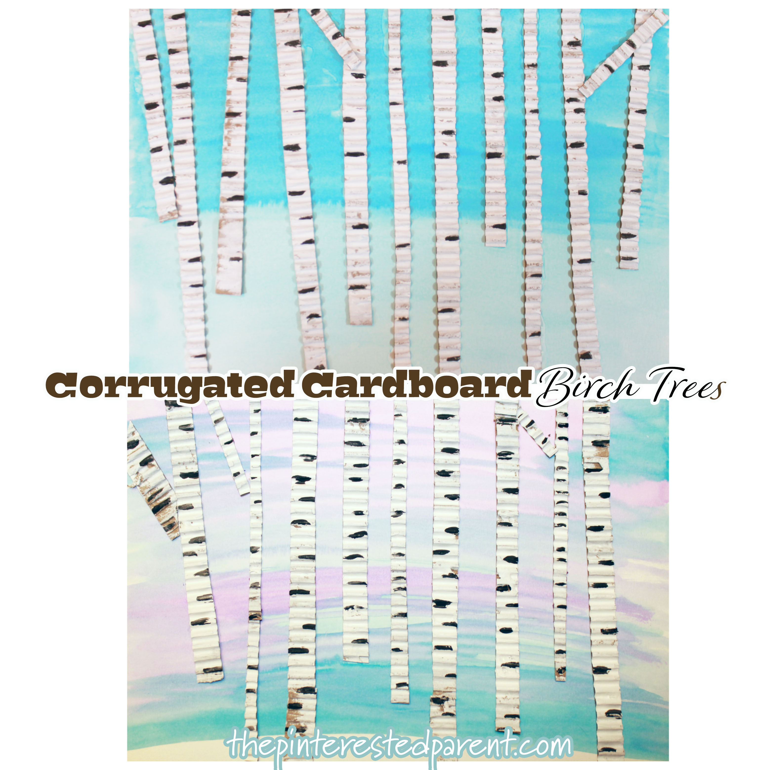Corrugated Cardboard Birch Trees. Mixed media art for the kids. Winter arts and crafts